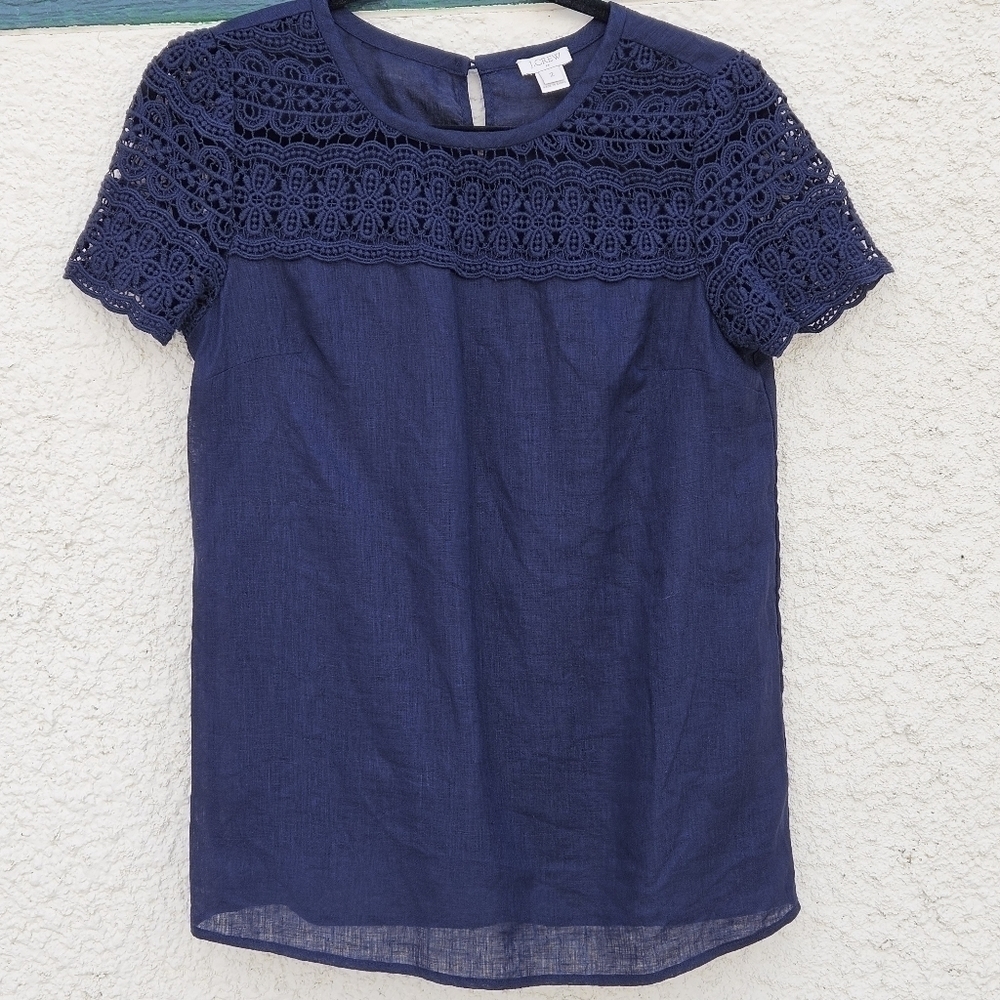 J. Crew navy linen short sleeve top with crochet neckline sleeve detail size 2